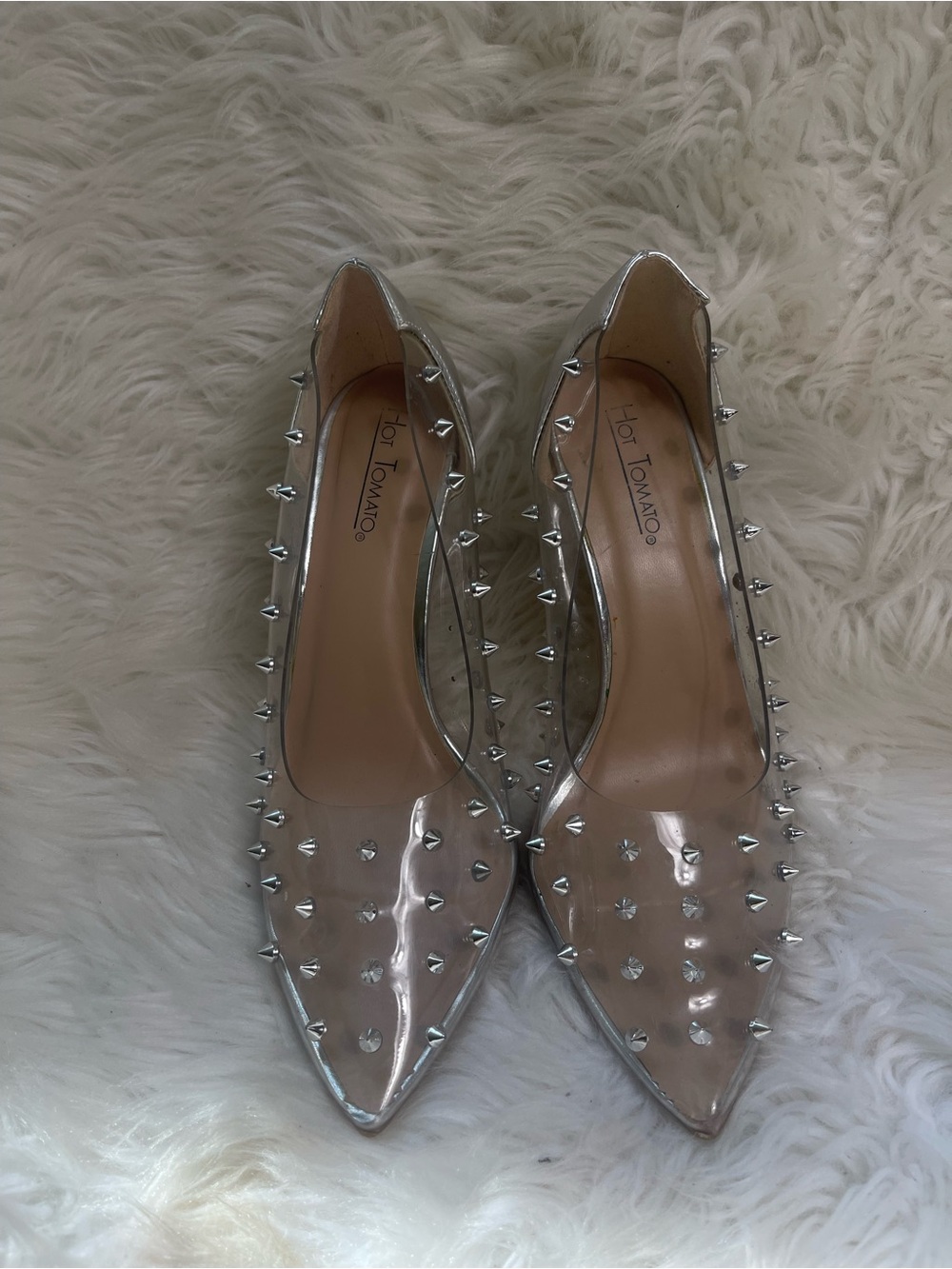 Hot Tomato Clear Pointed heels with Silver Stud Spikes& Silver trim accents SZ8W